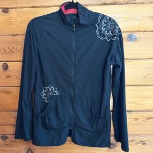 REI Floral Embroidered Black Zip-Up Jacket Medium